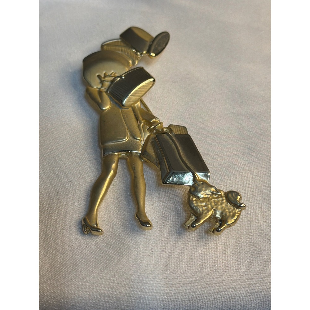 AJC Vintage Shopaholic Brooch Gold Tone Shopping Woman Dog Figural Pin